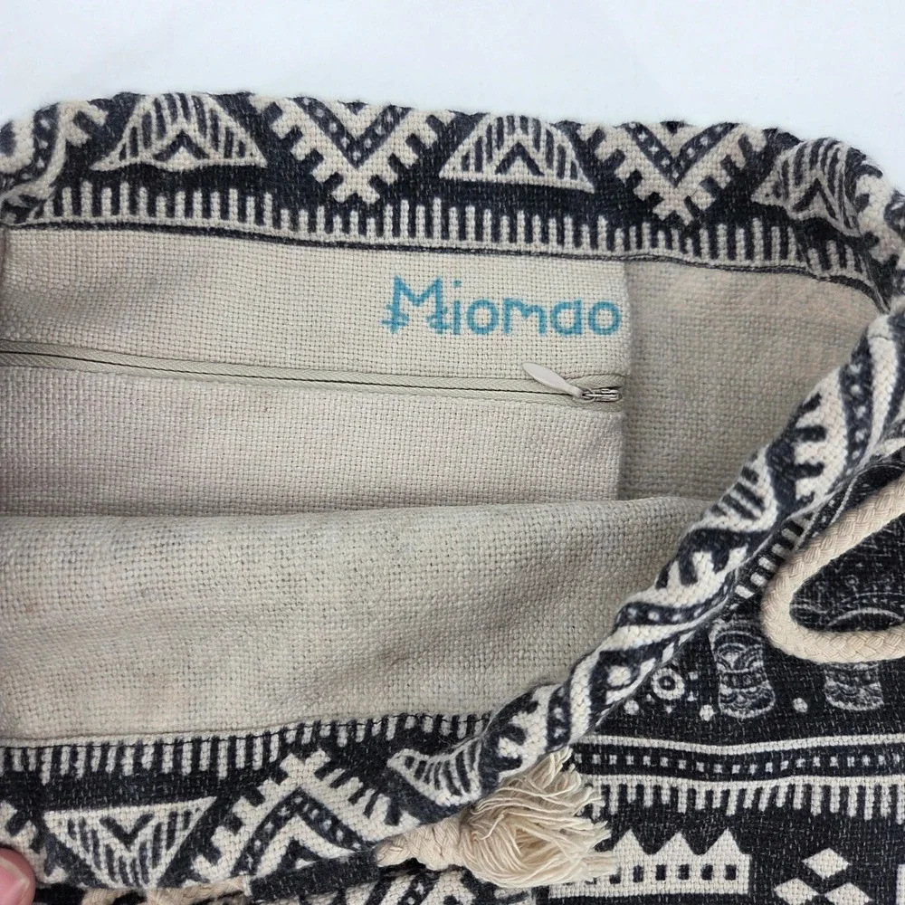 Miomao Black Cream Elephant Tribal Geometric Woven Drawstring Backpack Boho Bag